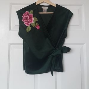 Green velvet embroidered top